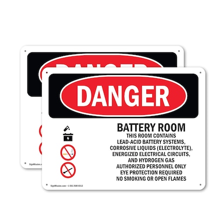Signmission Battery Room Authorized Personnel Only Danger Sign, Aluminum, 18in W x 12in L, 2PK OS-2PACK-DS-A-1218-L-1842